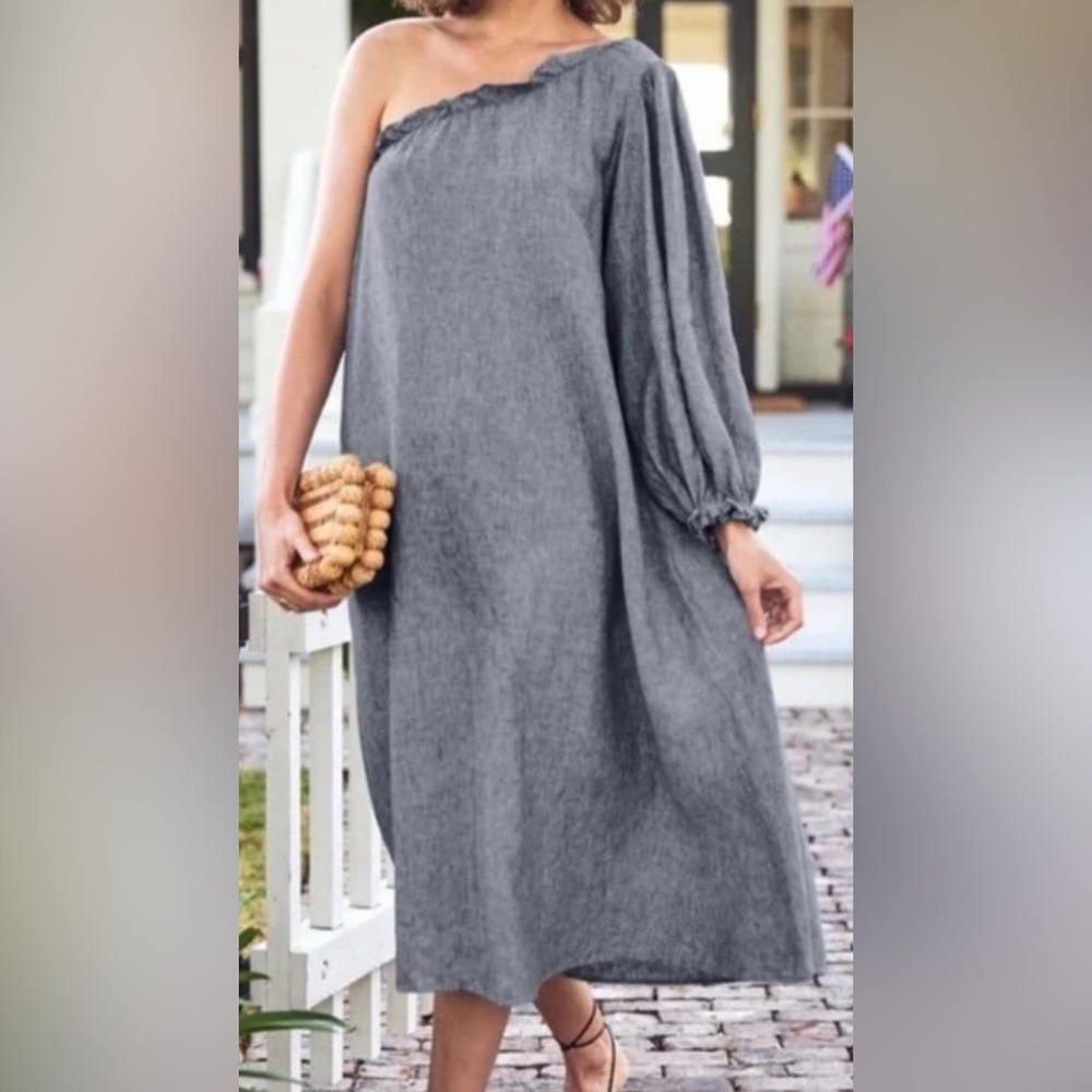 LAKE Milly One Shoulder Linen Dress Blue Size Medium